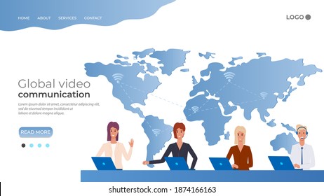 Global video communication.Using the world of Internet communications.Remote communication, video conferencing, telecommuting freelance and online meetings.People on the background of the earth map.