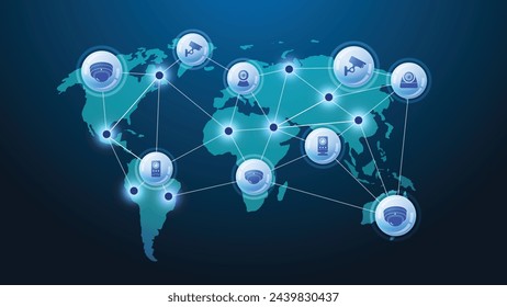 Global Video Surveillance Security: Monitoring and Connecting World Security Zones with CCTV and IP Camera Concepts. Vector