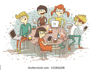 Global village cartoon with a group of youngsters playing with their gadgets. Illustration is in eps10 vector mode.