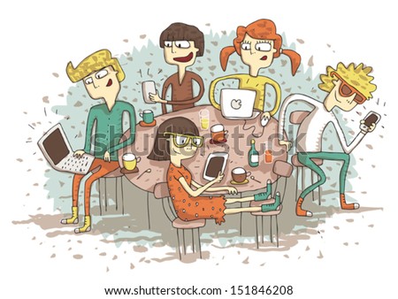 Global village cartoon with a group of youngsters playing with their gadgets. Illustration is in eps10 vector mode.