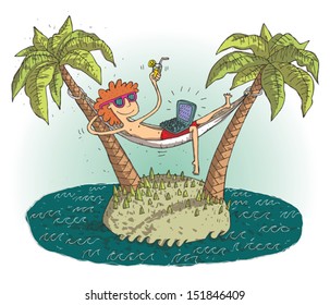 Global village cartoon with satisfied teenager on deserted island. Illustration is in eps10 vector mode.