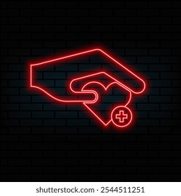 Global virtual dating service concept with bright digital purple pixel heart symbol above human hand palm on abstract dark background.