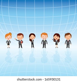 Global virtual team. Vector illustration of successful business team standing in a row against global background.