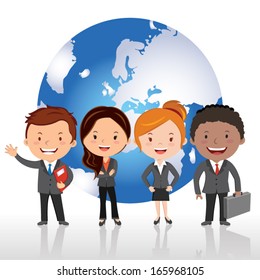 Global virtual team. Vector illustration of Global business team standing in a row against global background.