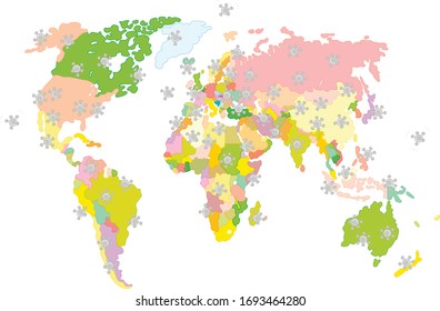 Global virus pandemic disease, spreading on a world political map, vector cartoon illustration on a white background