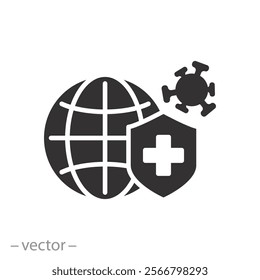 global virus protection, world immune from flu germ icon, globe with hygiene shield, bacterial prevention, flat vector illustration