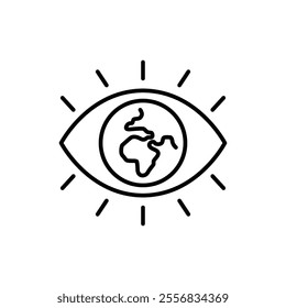 Global vision icon. Simple outline style. Eye with the earth in place of the iris, earth, world, globe, ecology, business concept. Thin line symbol. Vector illustration isolated.