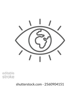 Global vision icon. Simple outline style. Eye with the earth in place of the iris, earth, world, globe, ecology, business concept. Thin line symbol. Vector illustration isolated. Editable stroke.