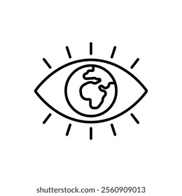Global vision icon. Simple outline style. Eye with the earth in place of the iris, earth, world, globe, ecology, business concept. Thin line symbol. Vector illustration isolated.