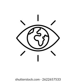 Global vision icon. Simple outline style. Eye with the earth in place of the iris, earth, world, globe, ecology, business concept. Thin line symbol. Vector illustration isolated.
