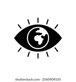 Global vision icon. Simple solid style. Eye with the earth in place of the iris, earth, world, globe, ecology, business concept. Black silhouette, glyph symbol. Vector illustration isolated.