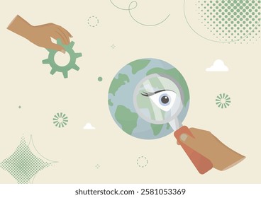 Global Vision and Innovation Concept Illustration. magnifying glass focusing on an eye within a globe, symbolizing global vision, research, and innovation. environment concept. Vector illustration