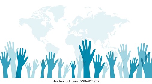 global volunteer solidarity hands up banner with earth map vector