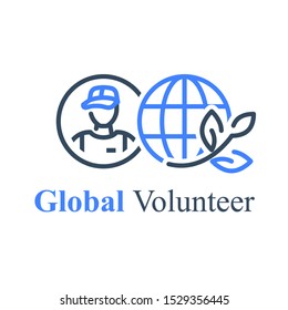 Global volunteering, save world, Eco program, earth and plant, ecology concept, international community, vector line icon