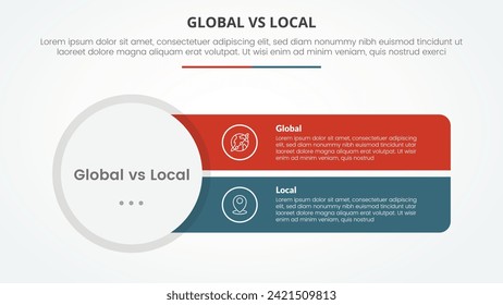 concepto infográfico global vs local versus comparación opuesto para presentación de diapositivas con círculo grande y rectángulo nítido con estilo plano