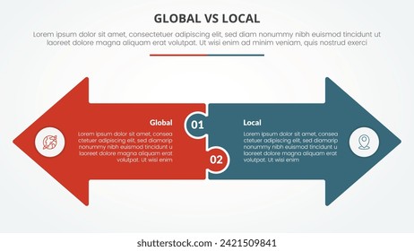 global vs local versus comparison opposite infographic concept for slide presentation with big arrow shape side by side opposite direction with flat style