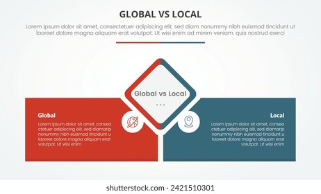 concepto infográfico global vs local versus comparación opuesto para presentación de diapositivas con centro de forma de diamante con caja rectangular inferior con estilo plano
