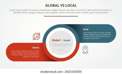concepto infográfico global vs local versus comparación opuesto para presentación de diapositivas con información de círculo grande y rectángulo redondo sobre sombra con estilo plano