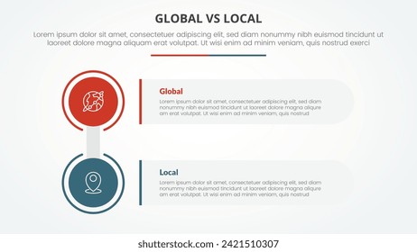 global vs local versus comparison opposite infographic concept for slide presentation with big circle and rectangle box stack with flat style