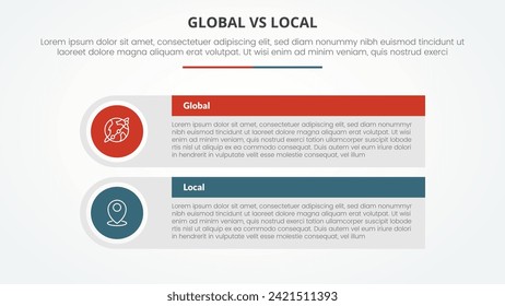 concepto infográfico global vs local versus comparación opuesto para presentación de diapositivas con cuadro de tabla rectangular grande con borde redondo de círculo con estilo plano