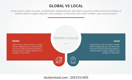 concepto infográfico global vs local versus comparación opuesto para presentación de diapositivas con centro de círculo y caja rectangular creativa con estilo plano
