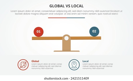 concepto de infografía global vs local versus comparación opuesta para presentación de diapositivas con porcentaje de escala de madera con estilo plano