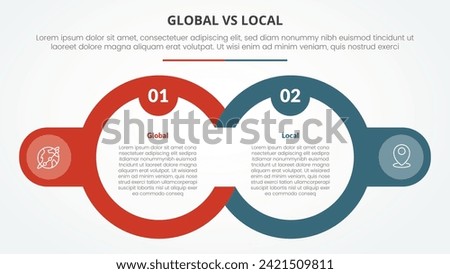 global vs local versus comparison opposite infographic concept for slide presentation with big outline circle and badge on side with flat style