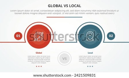 global vs local versus comparison opposite infographic concept for slide presentation with big circle outline horizontal with flat style