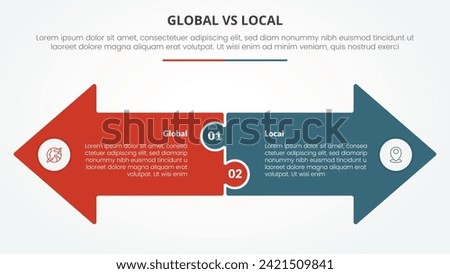global vs local versus comparison opposite infographic concept for slide presentation with big arrow shape side by side opposite direction with flat style