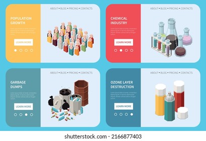 Global warming 2x2 concept set of landing pages depicting population growth chemical industry garbage dumps ozone layer destruction isometric vector illustration