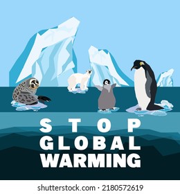 Global warming abstract concept. Sea leopard, polar bear, Penguin and baby penguinon drifting on a small ice floe of melting antarctic glacier. Flat cartoon vector illustration, Stop Global Warming