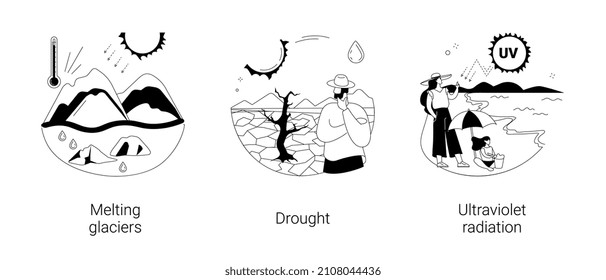 Global Warming Abstract Concept Vector Illustration Set. Melting Glaciers, Drought, Ultraviolet Radiation, Raising Sea Level, Natural Disaster, Extreme Weather Condition, UV Rays Abstract Metaphor.