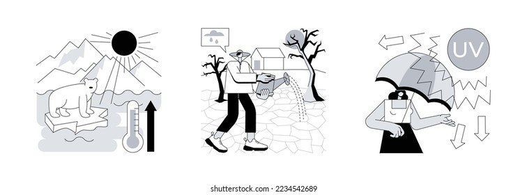 Global warming abstract concept vector illustration set. Melting glaciers, drought, ultraviolet radiation, raising sea level, natural disaster, extreme weather condition, UV rays abstract metaphor.