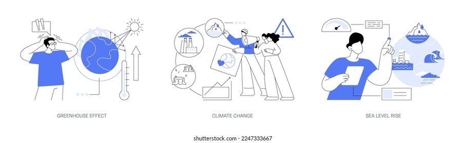 Abstraktes Konzept für die globale Erwärmung, Vektorgrafik-Set. Treibhauseffekt, Klimawandel, Anstieg des Meeresspiegels, Luftverschmutzung, Ozonschicht, schmelzendes Eis, abstrakte Metapher für Überschwemmungen.