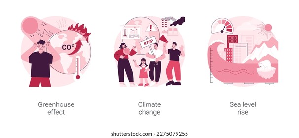 Global warming abstract concept vector illustration set. Greenhouse effect, climate change, sea level rise, air pollution problem, ozone layer, melting ice, flood consequence abstract metaphor.