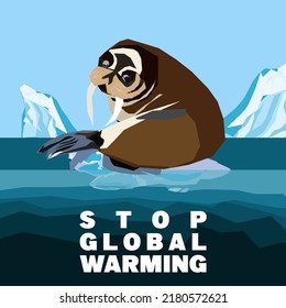 Concepto abstracto del calentamiento global. Walrus a la deriva en un pequeño hielo de glaciar antártico que se derrite. Ilustración vectorial de caricatura plana, cita Stop Global Warming