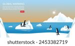 Global warming abstract conceptual. Group of penguins drifting on a small ice floe of melting antarctic glacier.Climate change, vector illustration.