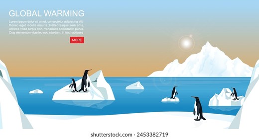 Global warming abstract conceptual. Group of penguins drifting on a small ice floe of melting antarctic glacier.Climate change, vector illustration.