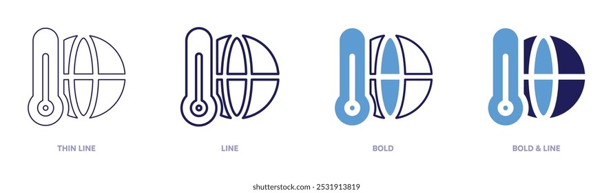 Icono de adaptación al calentamiento global en 4 estilos diferentes. Línea delgada, línea, negrita y línea negrita. Estilo duotono. Trazo editable.