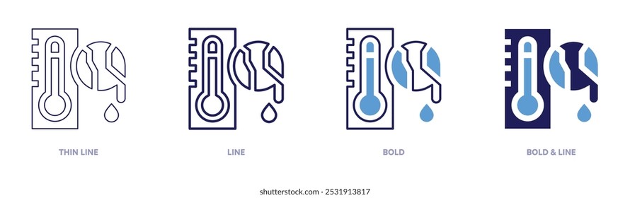 Icono de estrategias de adaptación al calentamiento global en 4 estilos diferentes. Línea delgada, línea, negrita y línea negrita. Estilo duotono. Trazo editable.