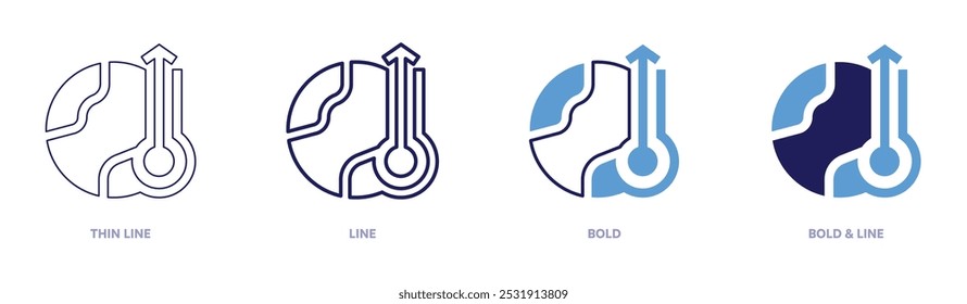 Icono de la contaminación del aire del calentamiento global en 4 estilos diferentes. Línea delgada, línea, negrita y línea negrita. Estilo duotono. Trazo editable.