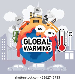  Global warming from Air pollution increase temperature earth. Climate change Global warming concept vector illustration. .