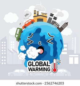  Global warming from Air pollution increase temperature earth. Climate change Global warming concept vector illustration. .