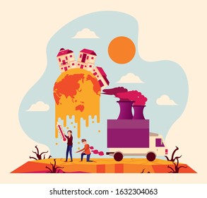 global warming alert with people and melting planet vector illustration design