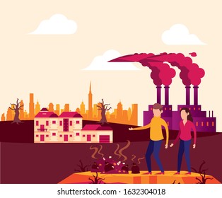 global warming alert with polluting factory vector illustration design