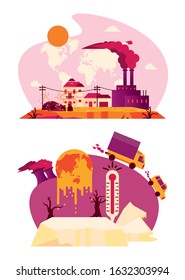 global warming alert with set scenes vector illustration design