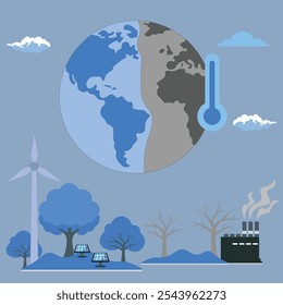 global warming artwork .earth.solar plate .tree.factory .carbon dioxide .wind turbine .thermometer .Clouds.vector design .in the background 