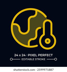 Global warming awareness dark color ui icon. Earth globe with thermometer. Greenhouse effect controlling. Vector colorful symbol isolated on black. User interface element, pixel perfect