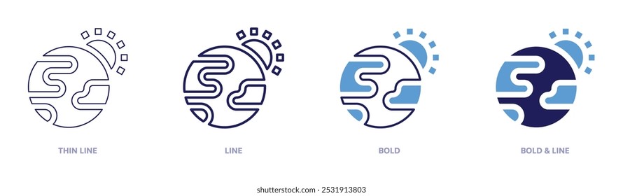 Icono de conciencia del calentamiento global en 4 estilos diferentes. Línea delgada, línea, negrita y línea negrita. Estilo duotono. Trazo editable.