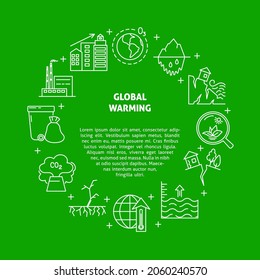 Global warming banner with text in line style. Ecology problems and environment protection. Vector illustration.